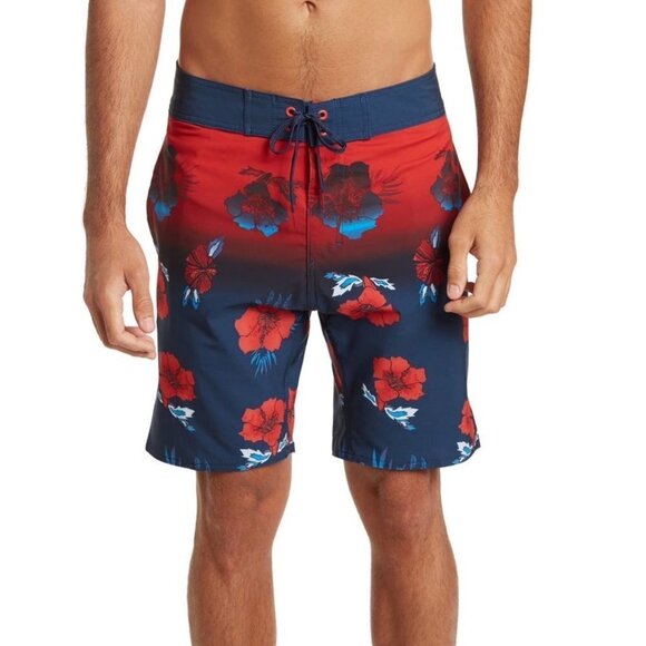 Burnside Mens Blue Red Tropical Board Shorts Pockets Swimwear Sz 32 New - Picture 1 of 10